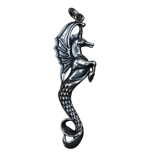 3D Winged Seahorse Pendant Charm in Sterling Silver